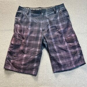 Vintage Y2K No Fear Cargo Shorts Mens 34 Plaid Purple Gray Surf Skate Grunge Emo
